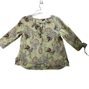 J Jill Love Linen Blouse Yellow Paisley Pattern Split Neck 3/4 Sleeve Size med